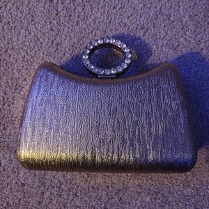 Metallic Silver Evening Clutch with Crystal Ring Handle